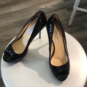 Jimmy Choo Crown Black Sequin Peep Toe Stiletto Pump Size 39